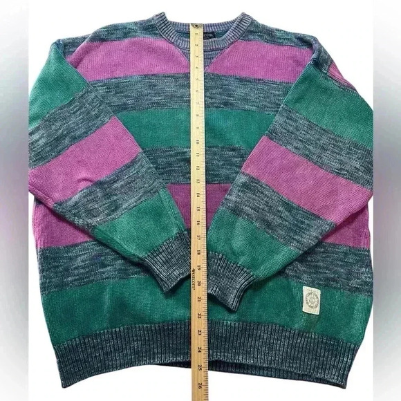 Vintage 80s Striped Colourblock Teal Pink Retro Pullover Crewneck Sweater Cotton - Picture 2 of 5